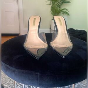 Never Worn Black Patent Pointed Toe Transparent Clear Perspex Mule Sandal Heels